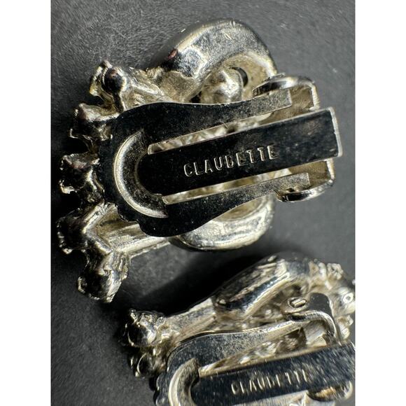 Vtg Claudette Crystal Clear Rhinestones Silver Tone Metal Clip On Earrings - Picture 5 of 7